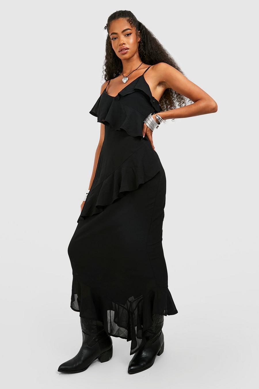 Black Woven Ruffle Maxi Dress