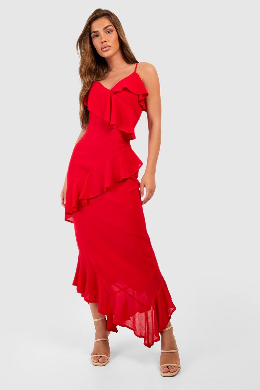 Red Woven Ruffle Maxi Dress