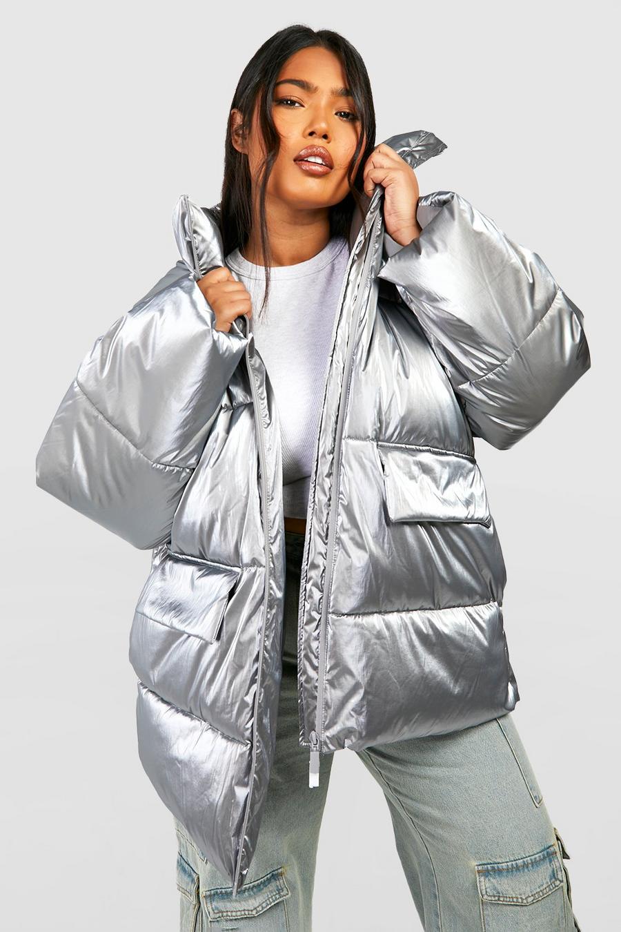 Silver Plus Metallic Oversized Hooded Puffer Jacket 