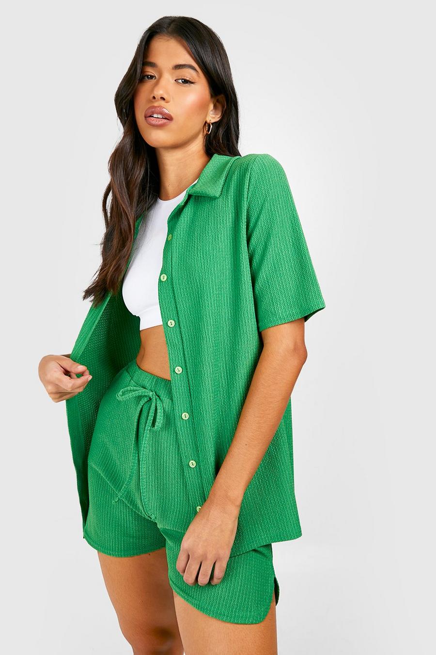 Green Tall Boucle Texture Revere Collar Resort Shirt And Short