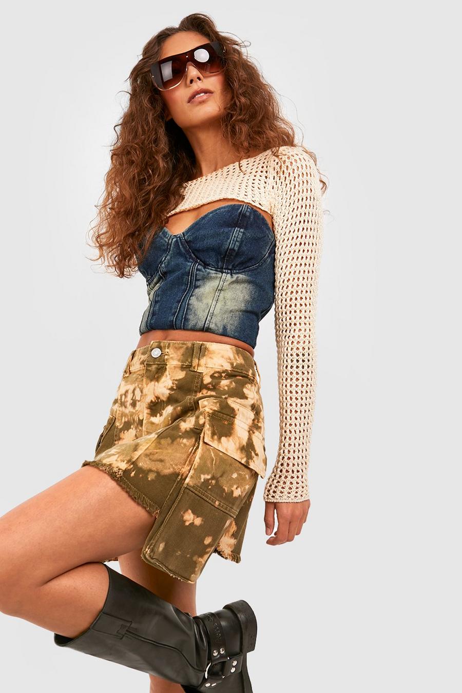 Stone Camo Print Cargo Pocket Denim Mini Skirt