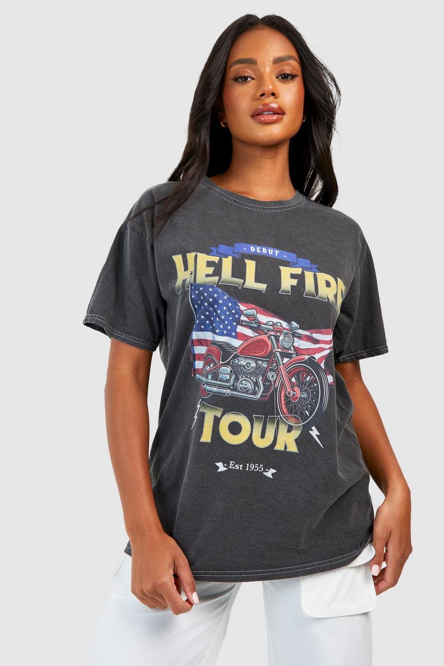 Charcoal Acid Wash Hell Fire Printed Oversized T-shirt 