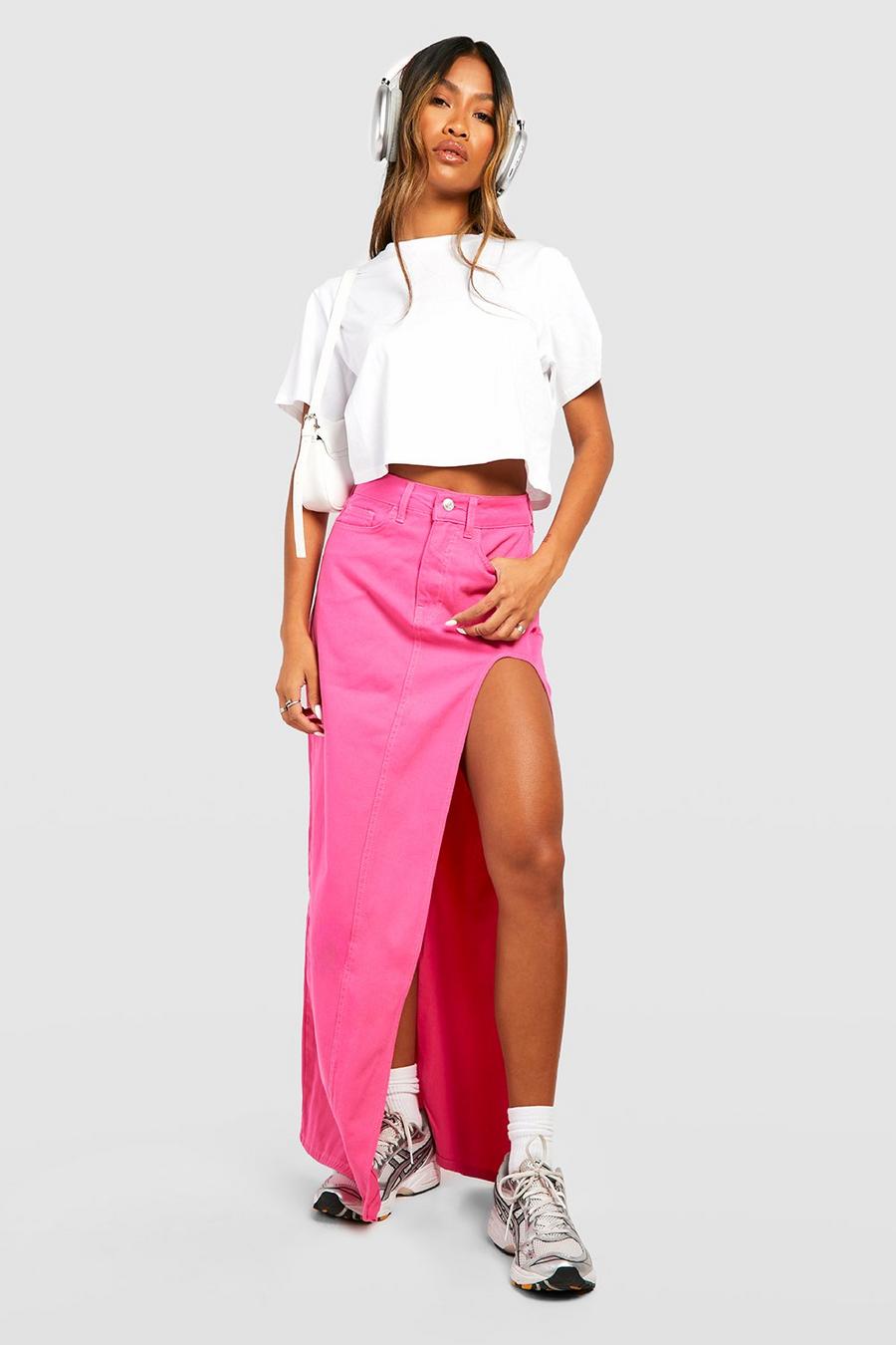 Hot pink Pink Thigh Split Denim Maxi Skirt image number 1
