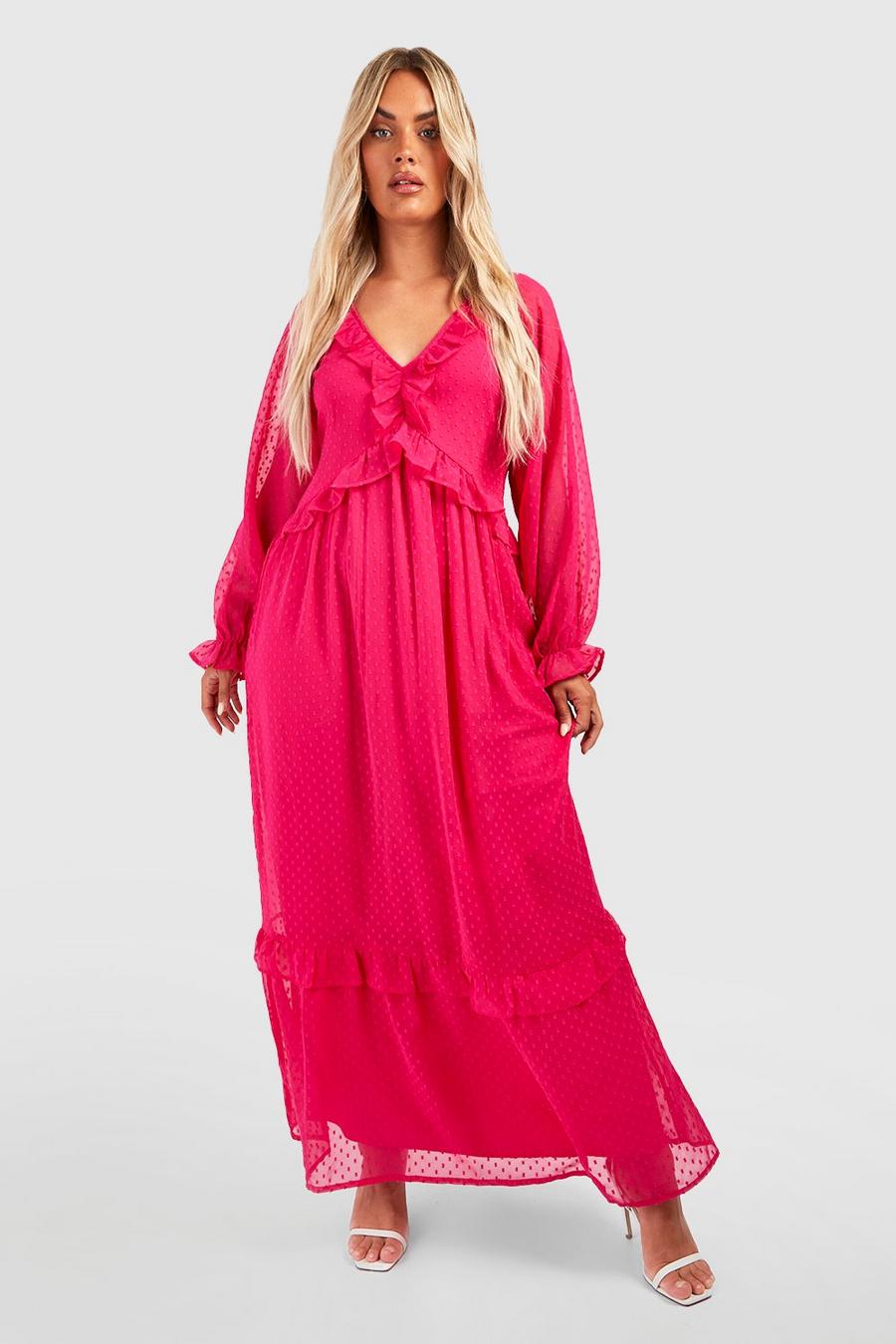 Vestito maxi Plus Size in rete plumetis con arricciature, Hot pink