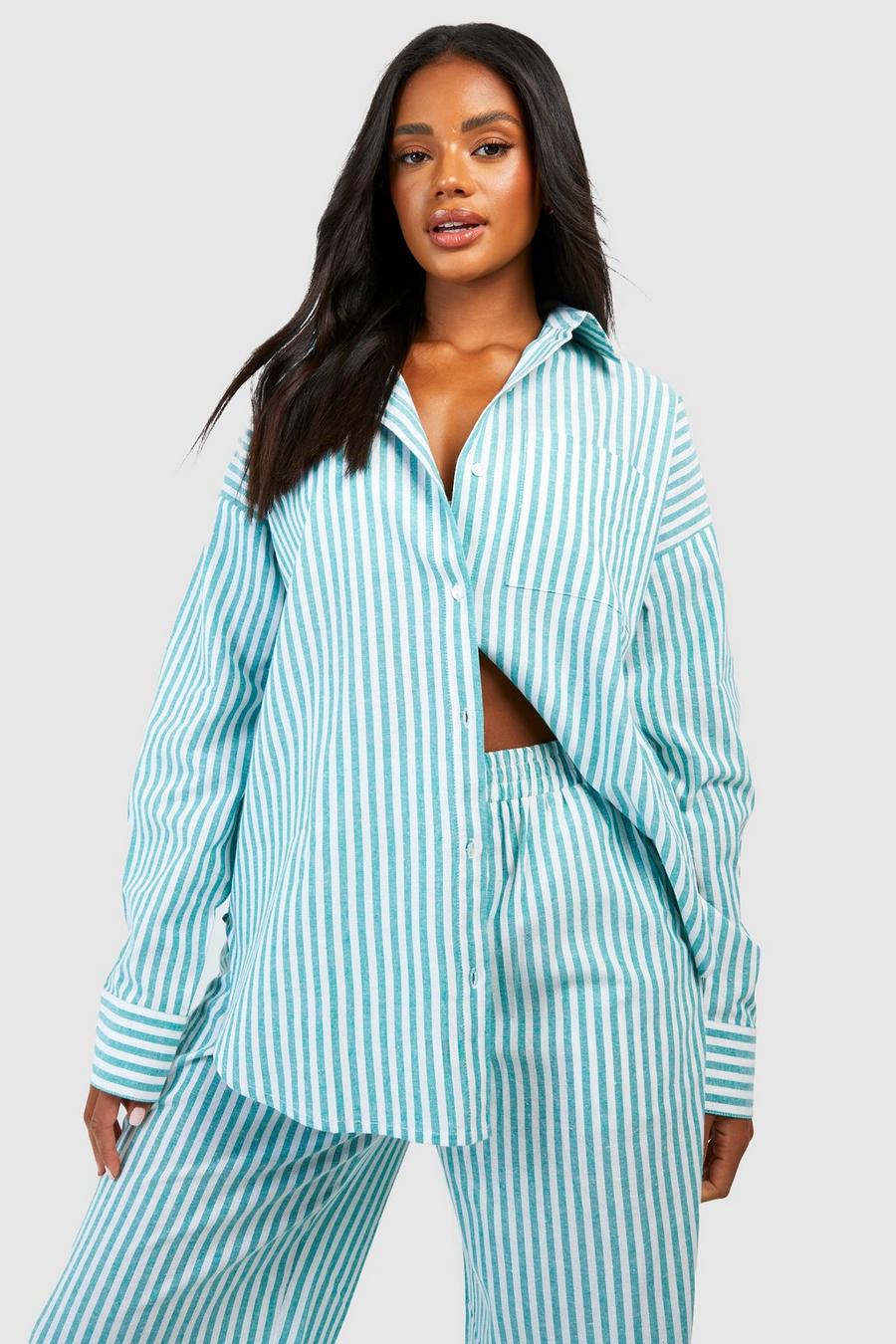 Camicia pigiama oversize in cotone a righe, Green