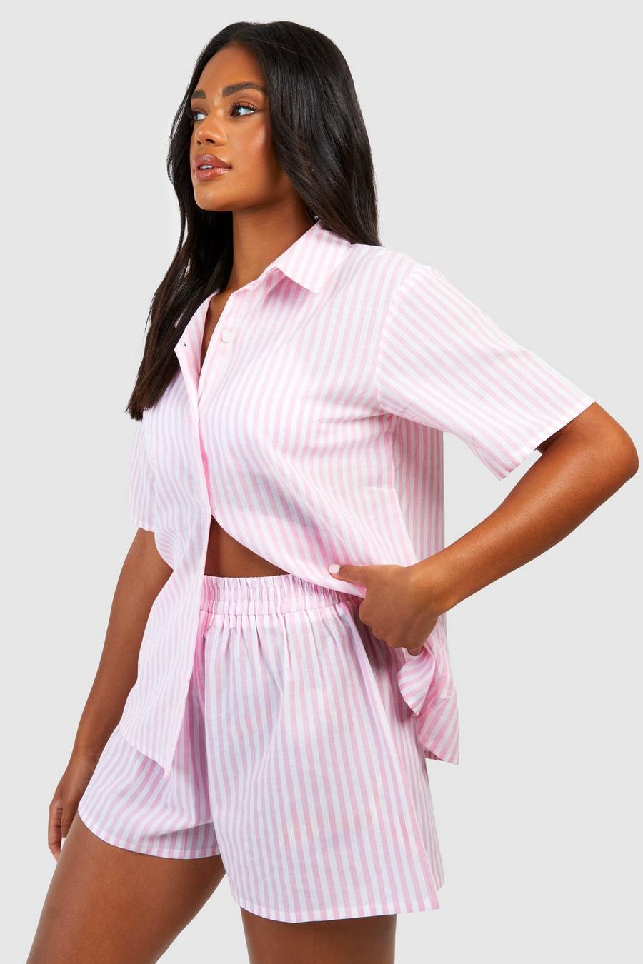 Pantaloncini del pigiama in cotone a righe verticali, Pink