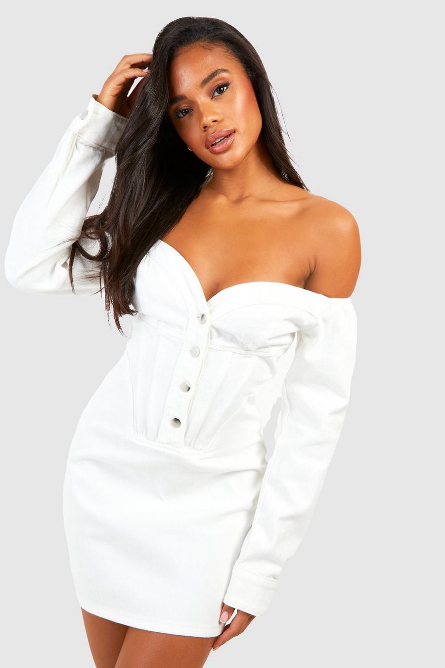 White Kort off shoulder-klänning i denim med korsettdetaljer
