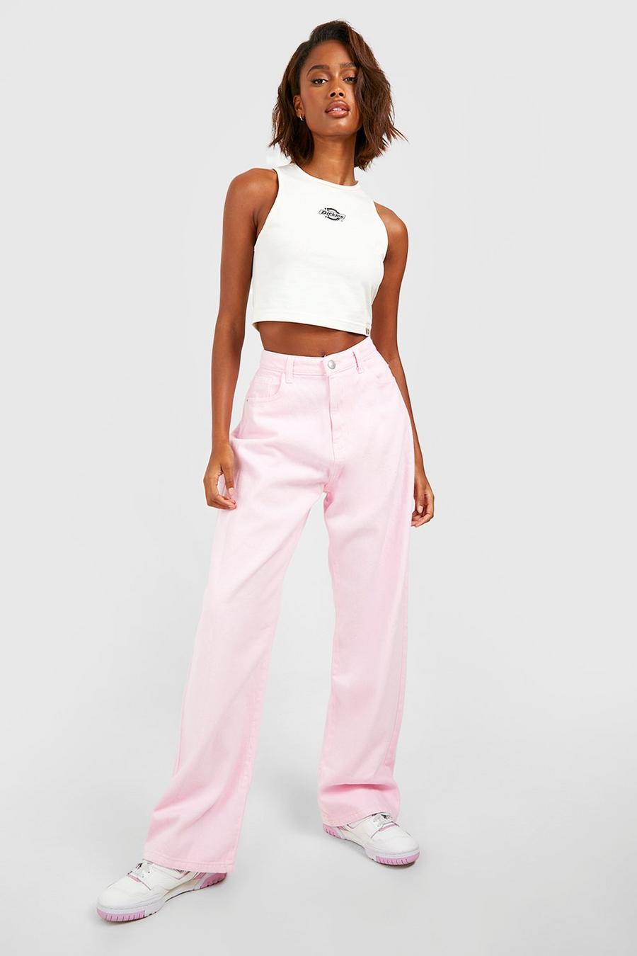Pastellfarbene Jeans mit geradem Bein und hohem Bund, Pastel pink