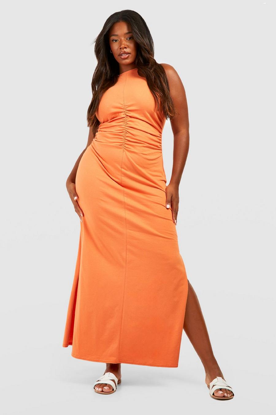 Orange Plus Cotton Ruched Detail Split Midi Dress