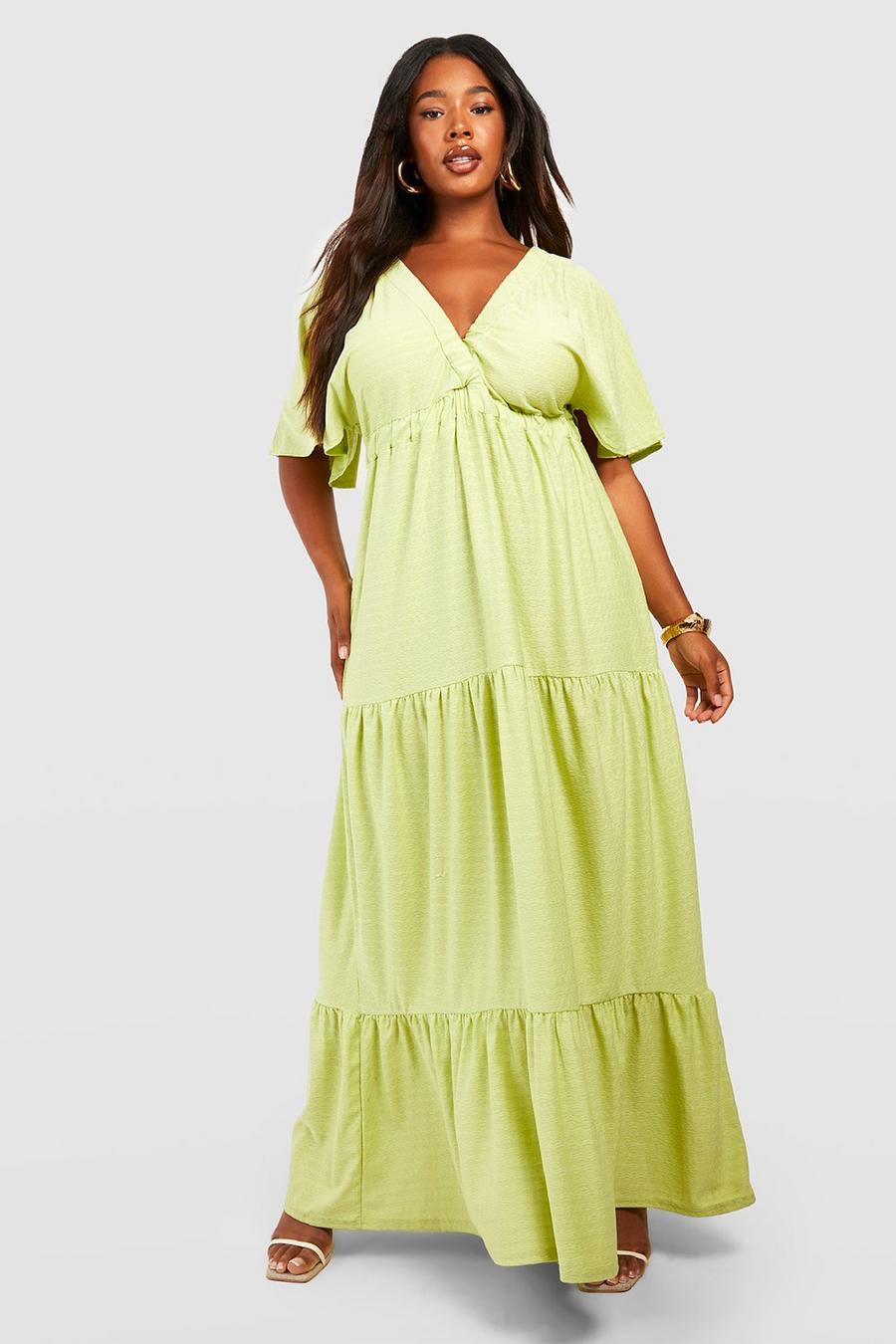 Lime Plus Textured Plunge Tiered Maxi Dress