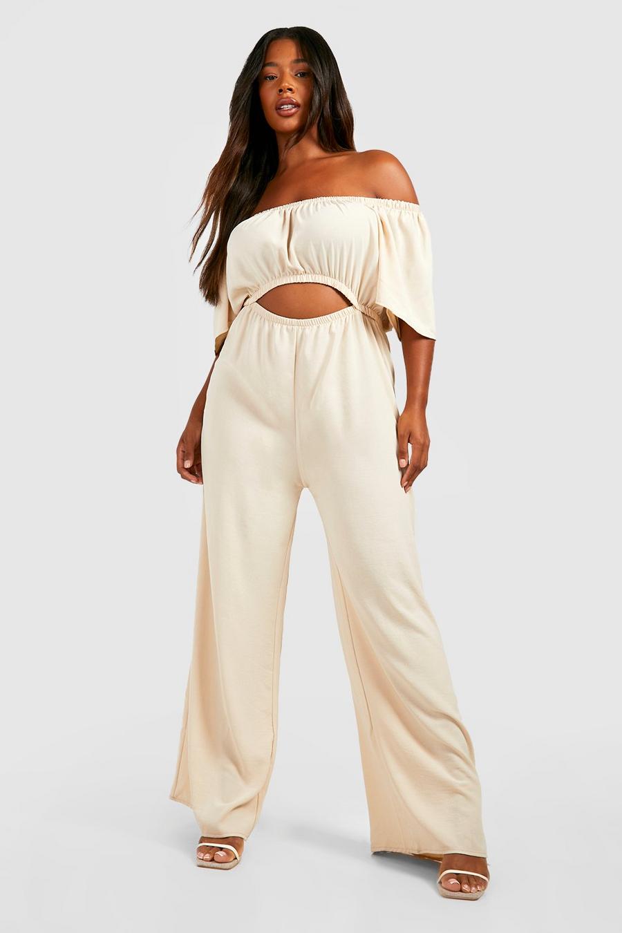 Stone Plus Linnen Look Off Shoulder Wide Leg Jumpsuit