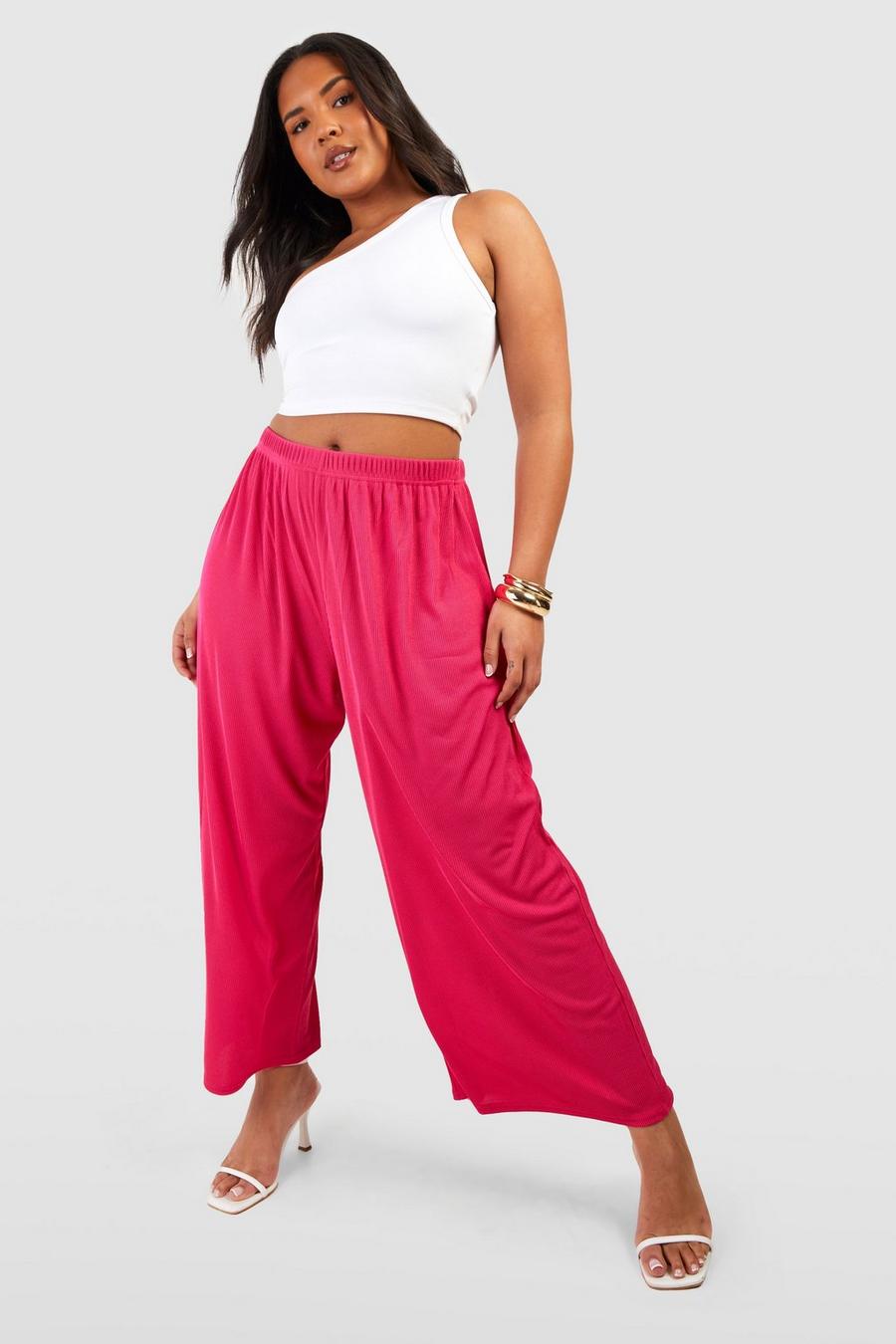 Pantaloni culottes Plus Size a coste, Pink