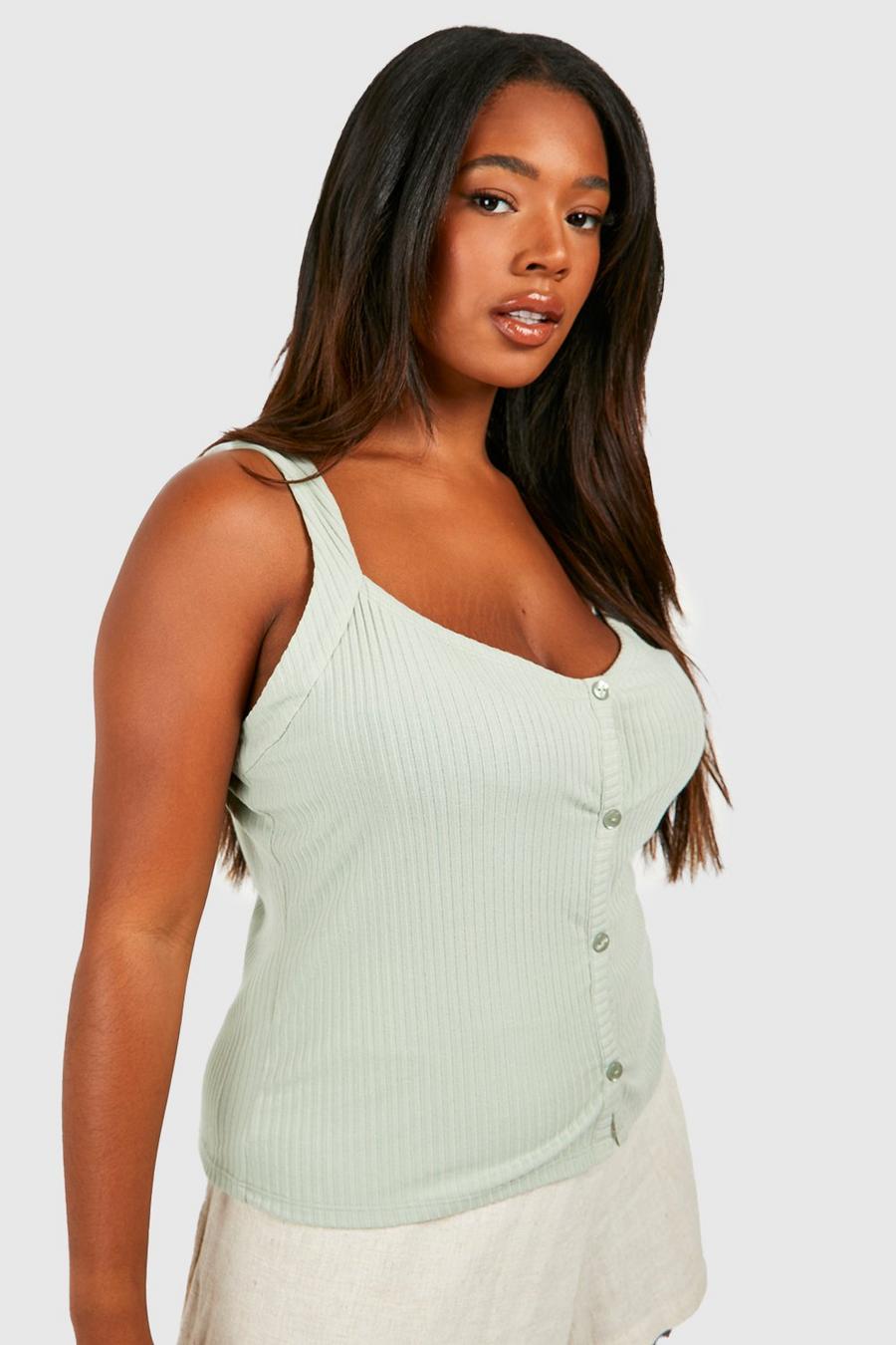 Sage Plus Soft Rib Button Front Fitted Cami Top 