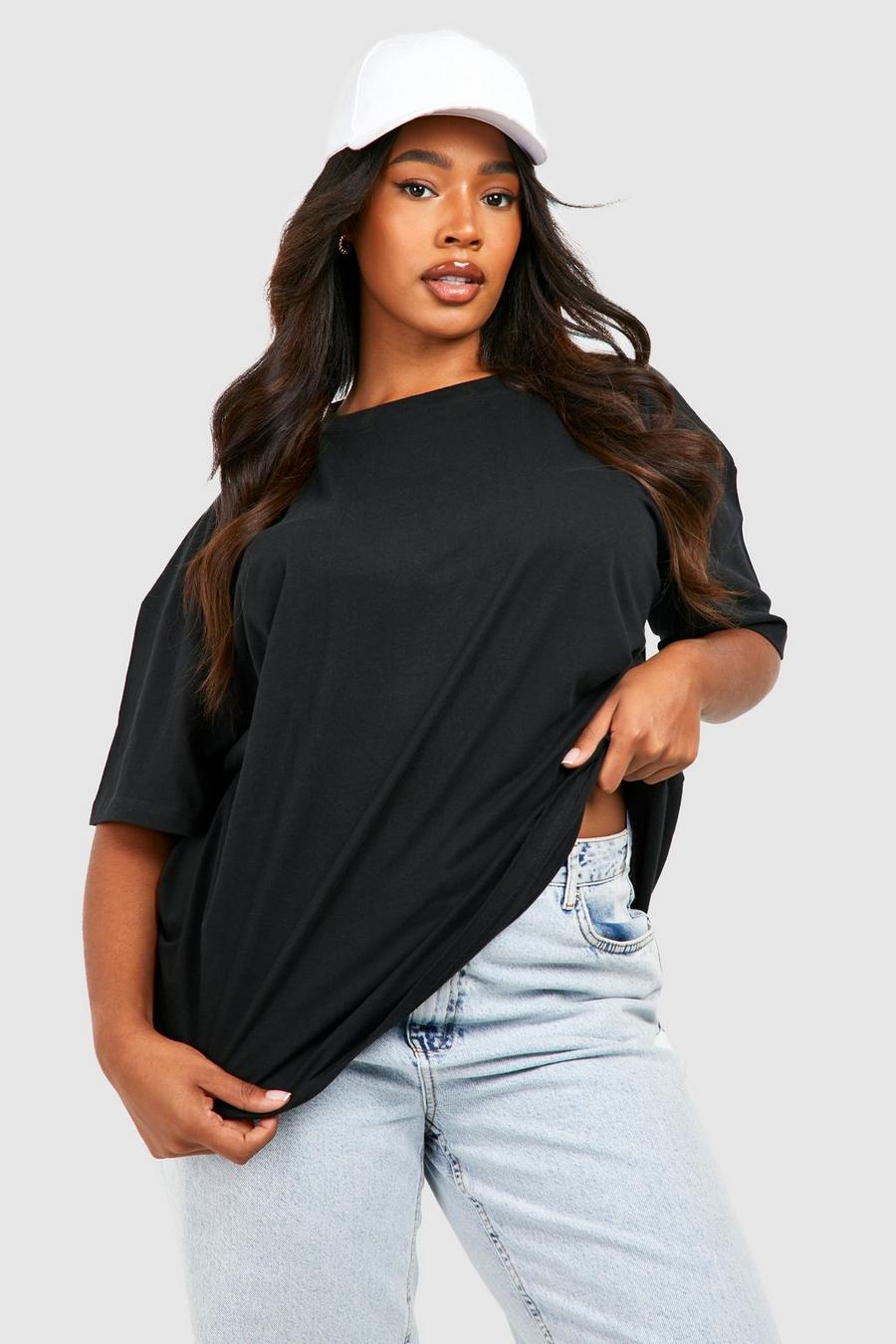 T-shirt Plus Size oversize Basic a girocollo in cotone, Black