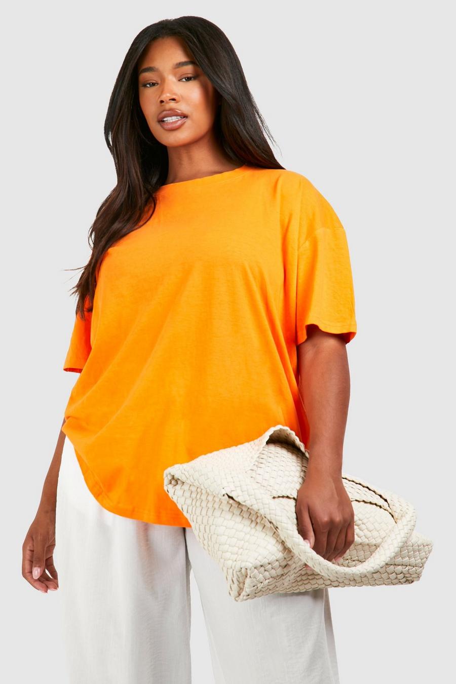 Camiseta Plus oversize básica de algodón con cuello de caja, Orange