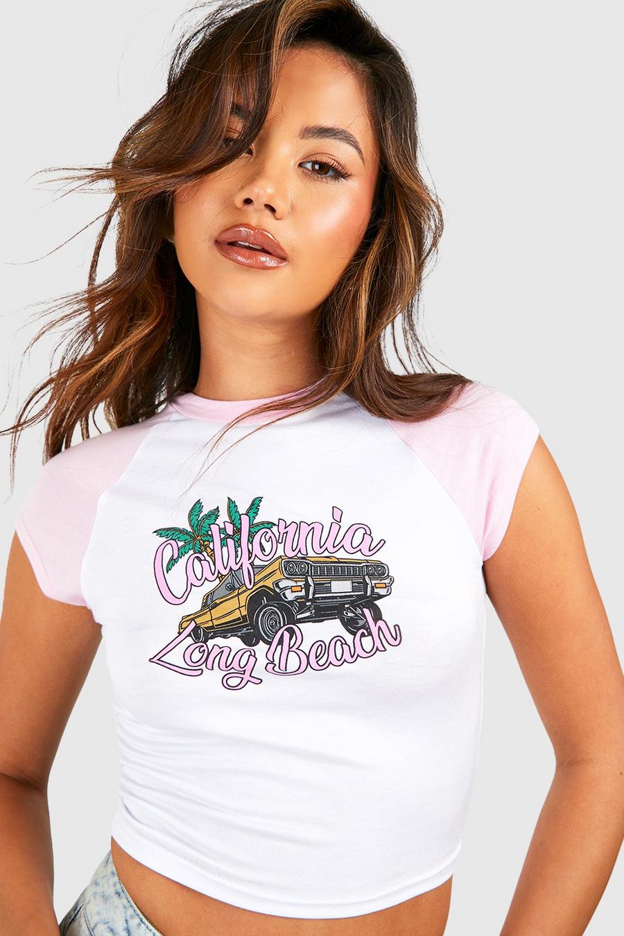 Pink California Auto Print Baby T-Shirt Met Contrasterende Zoom