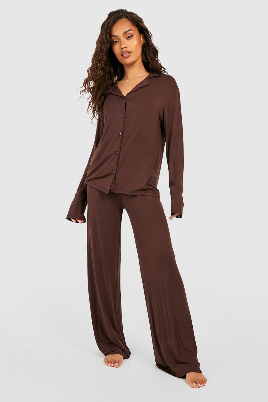 Pantalón de pijama de pernera ancha y tela jersey, Chocolate