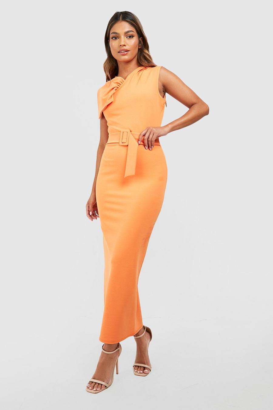 Orange Crepe Shoulder Detail Belted Midi Dress