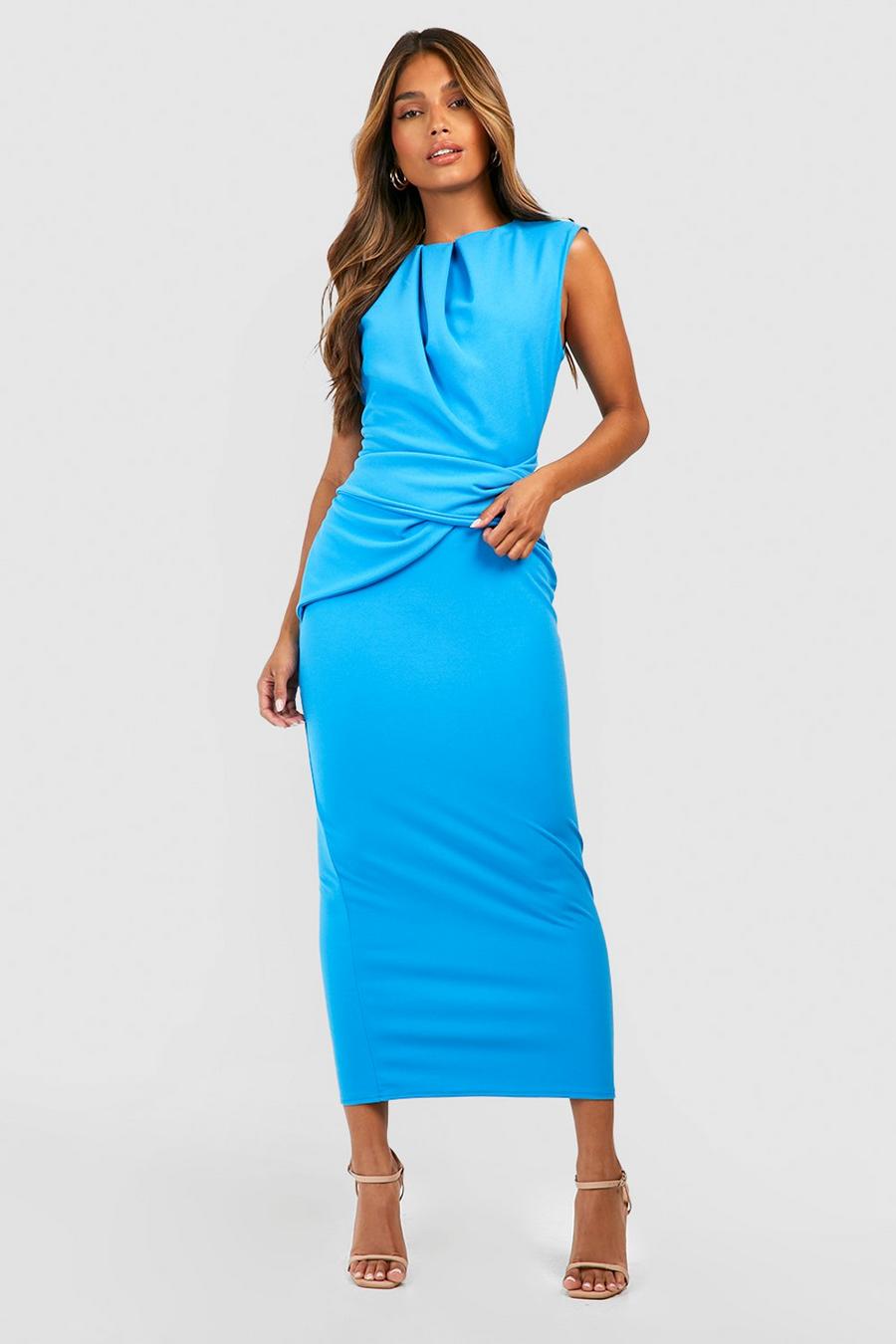 Azure Crepe Shoulder Pad Neck & Waist Detail Midi Dress