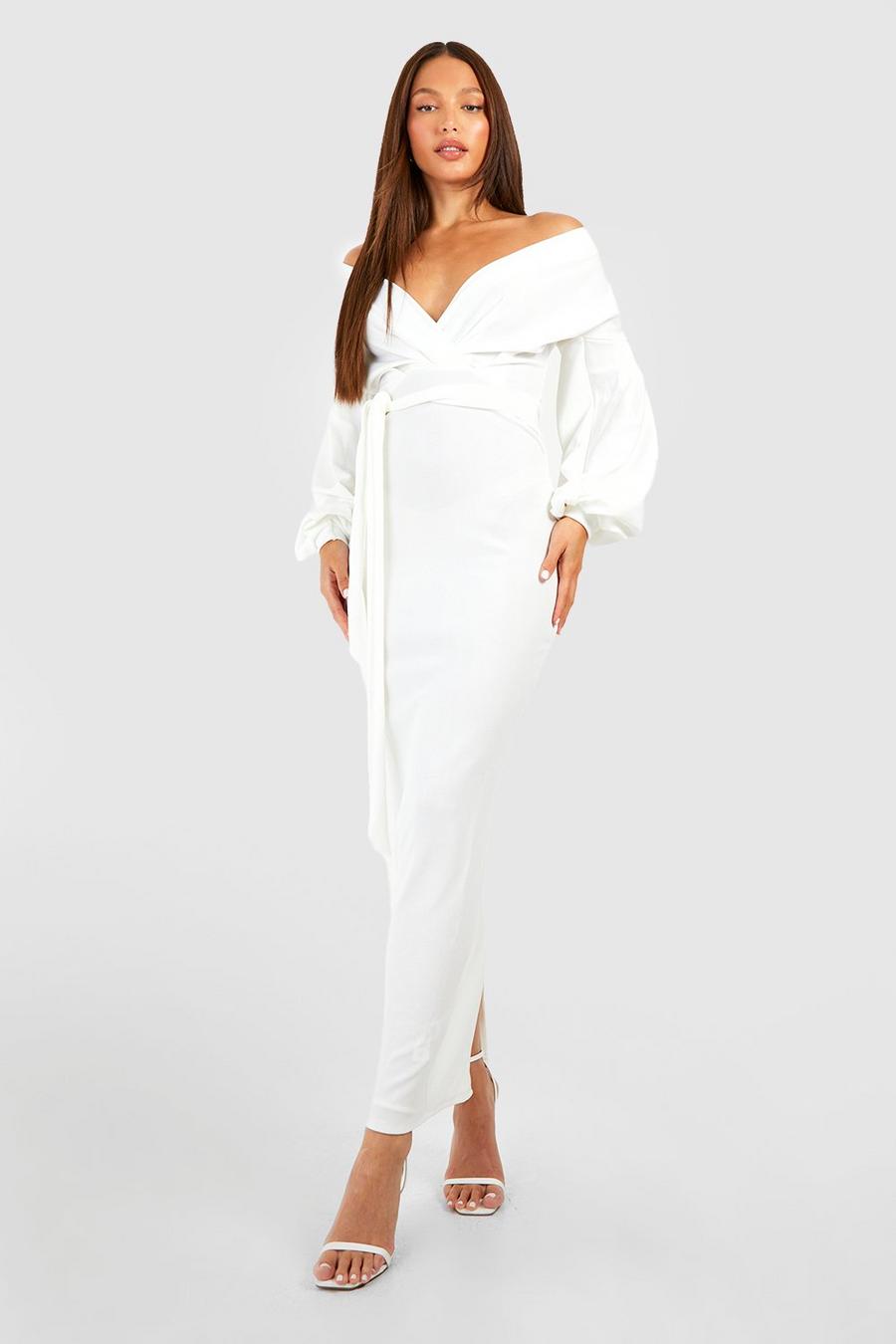 Ivory Tall Off The Shoulder Wrap Maxi Bodycon Dress