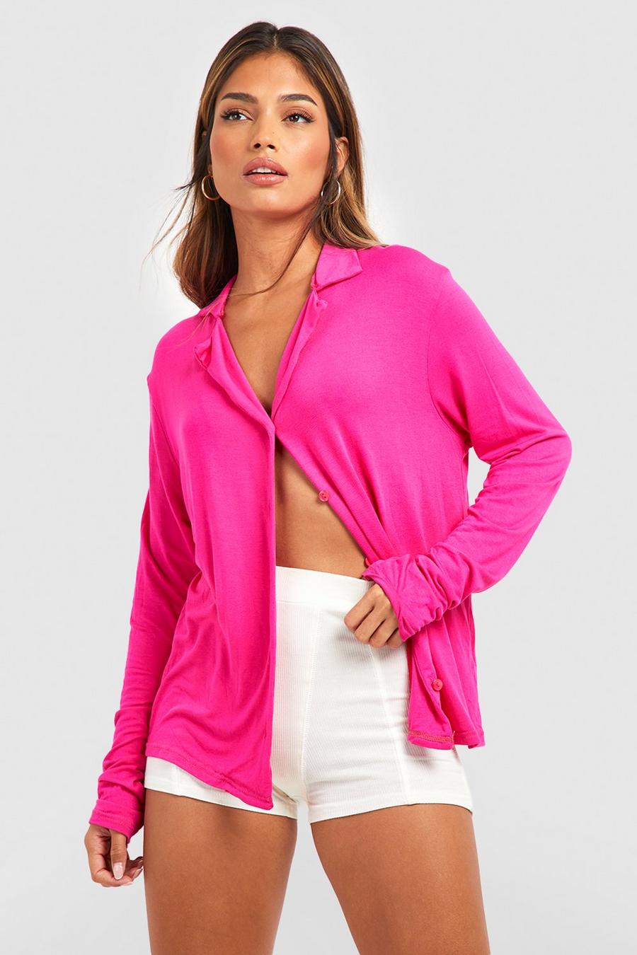 Camicia pigiama a maniche lunghe in jersey con bottoni, Hot pink