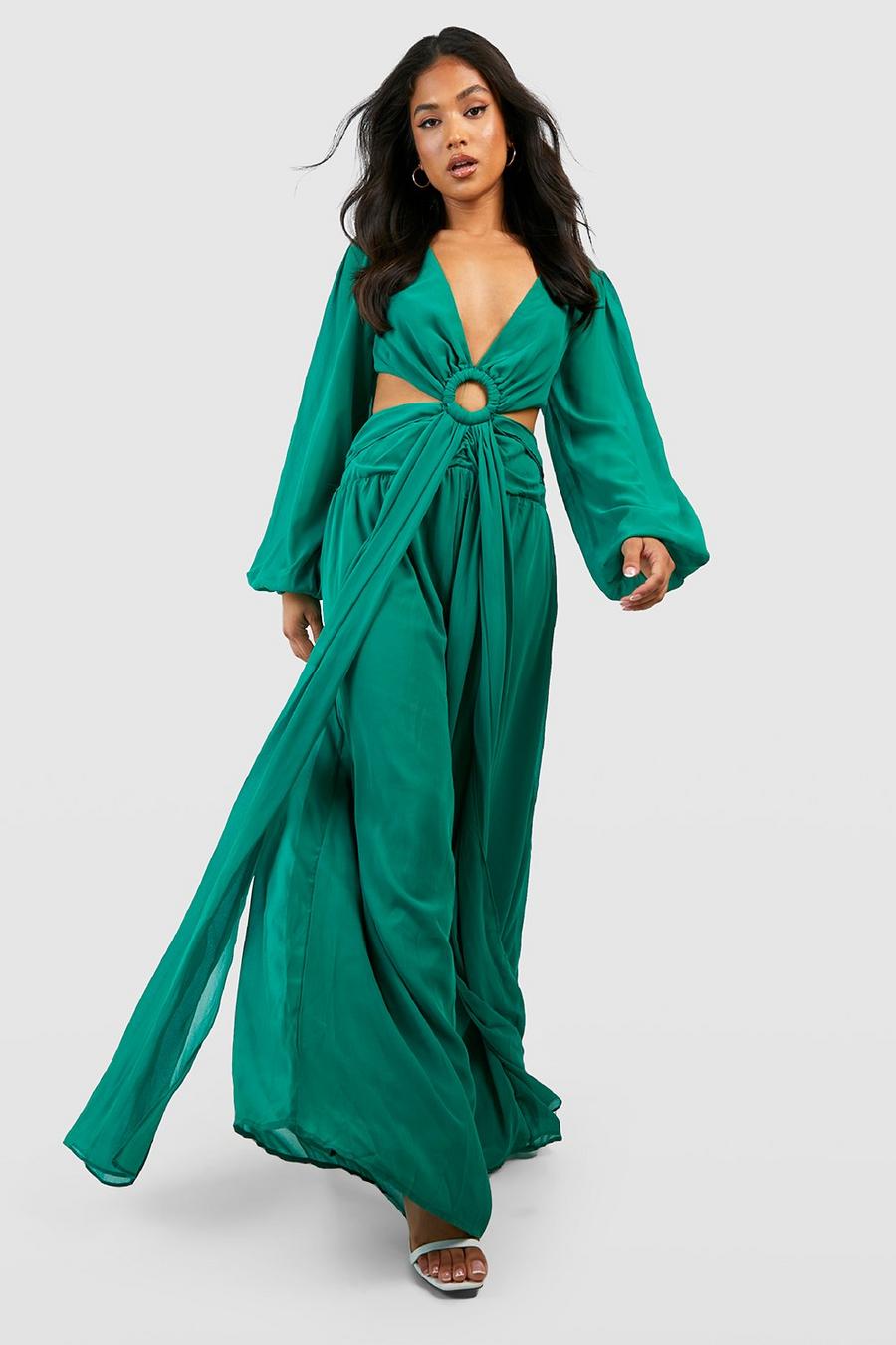 Green Petite Chiffon Jumpsuit Met Ring Detail En Uitsnijding