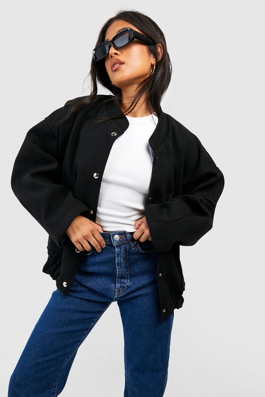 Black Petite Wool Look Oversized Bomber Jacket