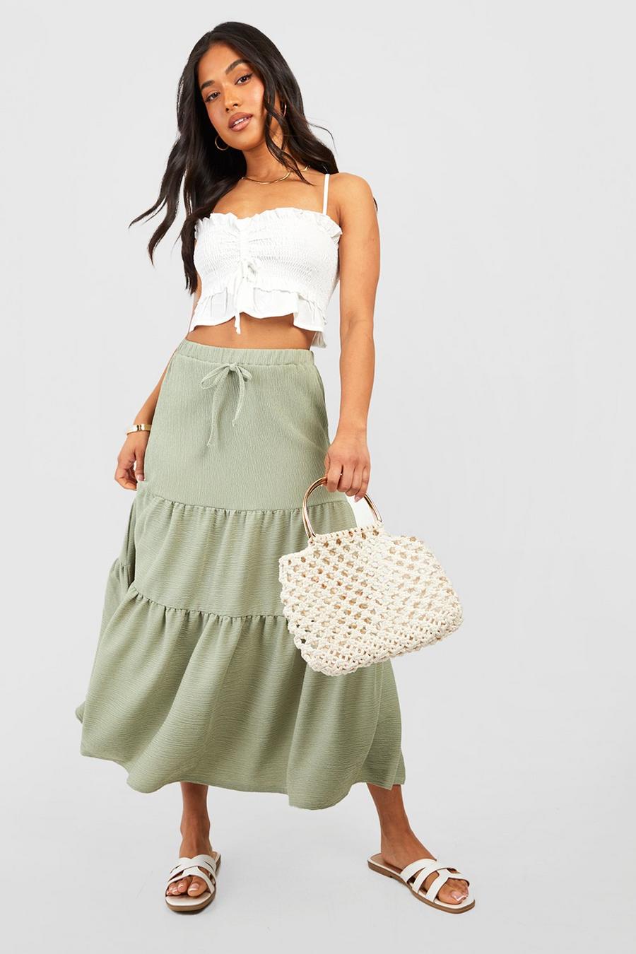 Olive Petite Tiered Crinkle Textured Midi Skirt