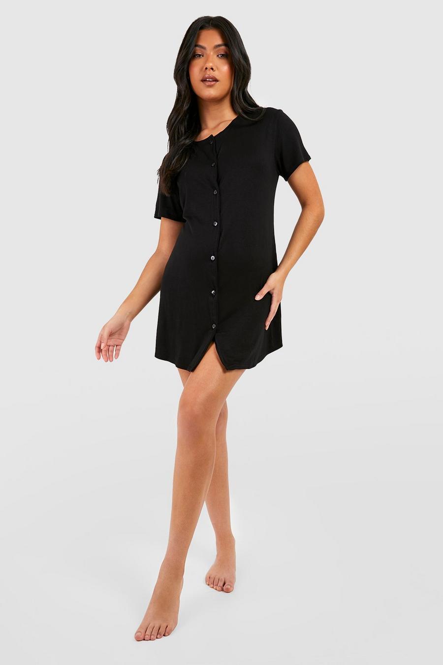 Black Maternity Peached Jersey Knit Button Down Nightgown