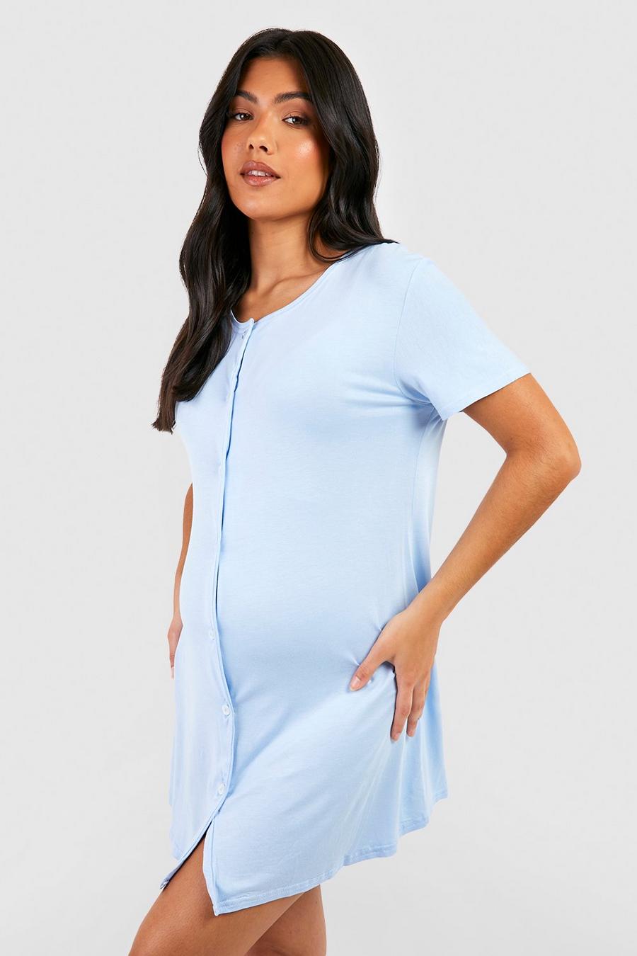 Blue Maternity Peached Jersey Knit Button Down Nightgown