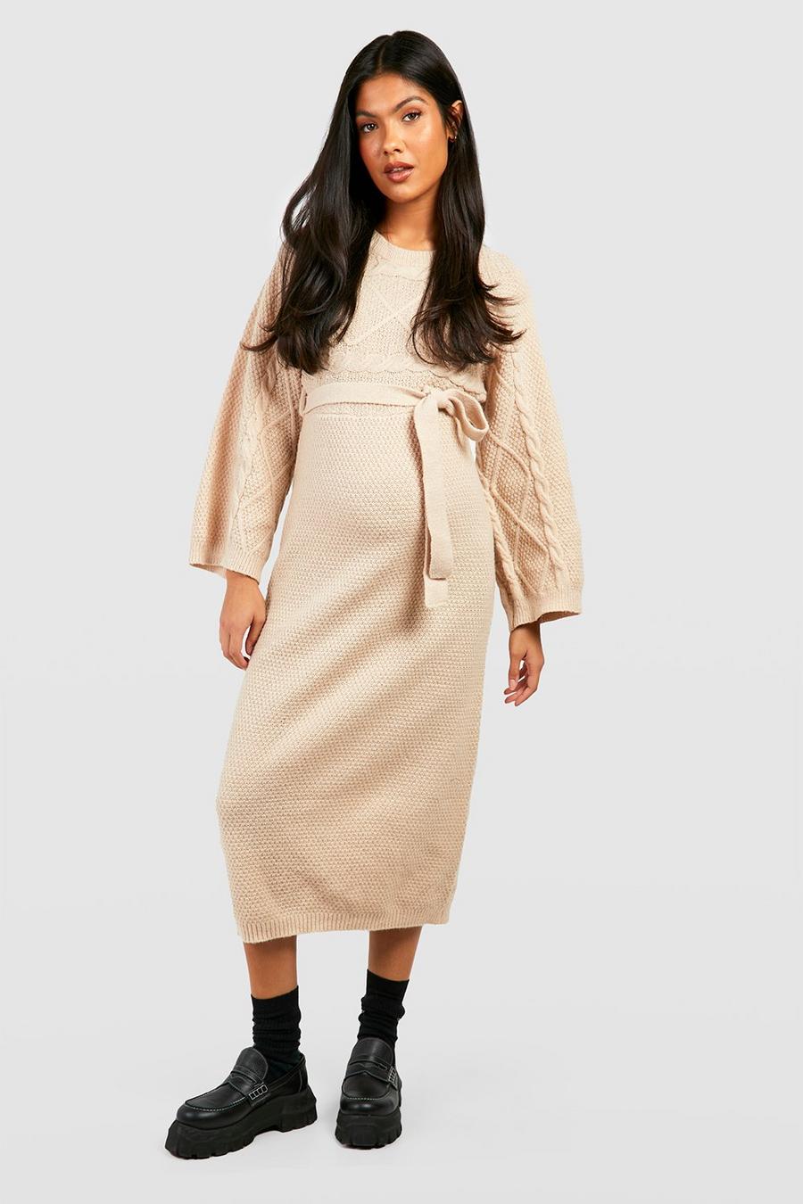 Camel Maternity Cable Knit Batwing Belted Jumper Dress