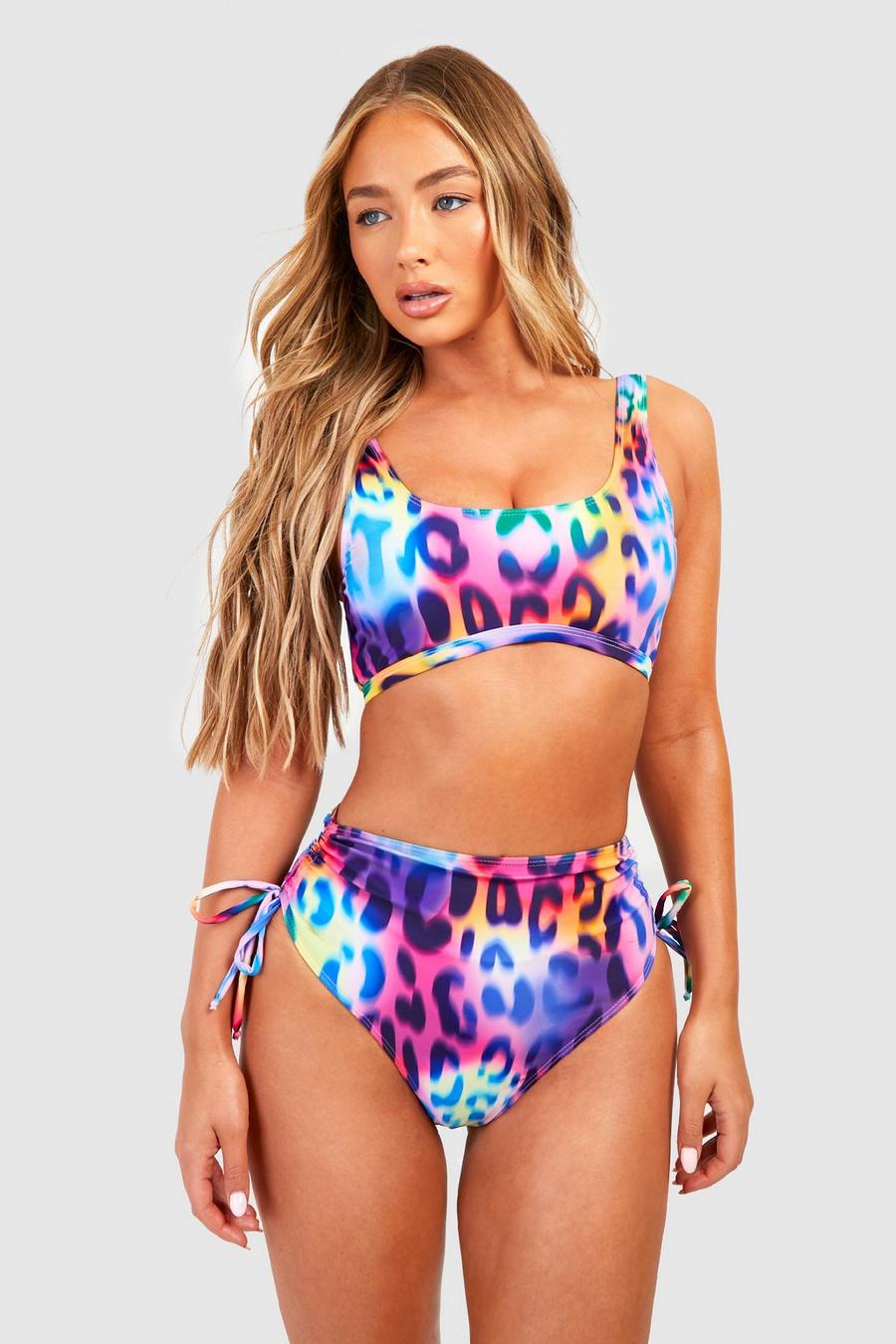 Top bikini lungo leopardato con scollo rotondo, Purple