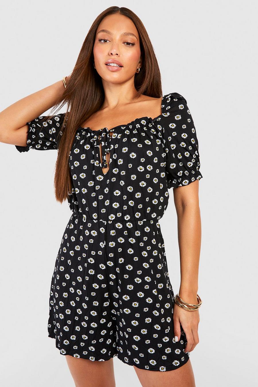 Black Tall Daisy Print Ruched Bust Playsuit