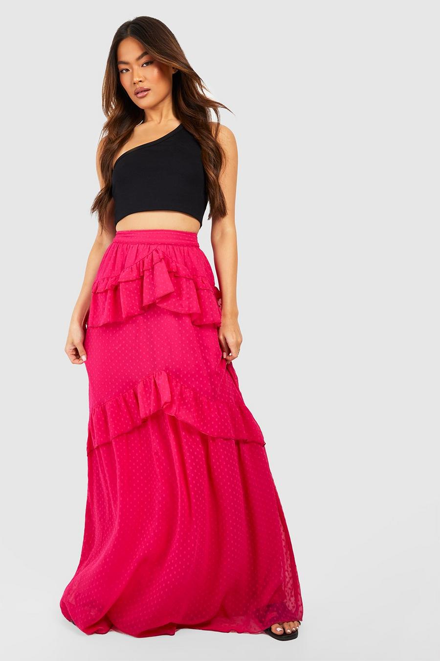 Falda maxi de dobby con volante, Hot pink