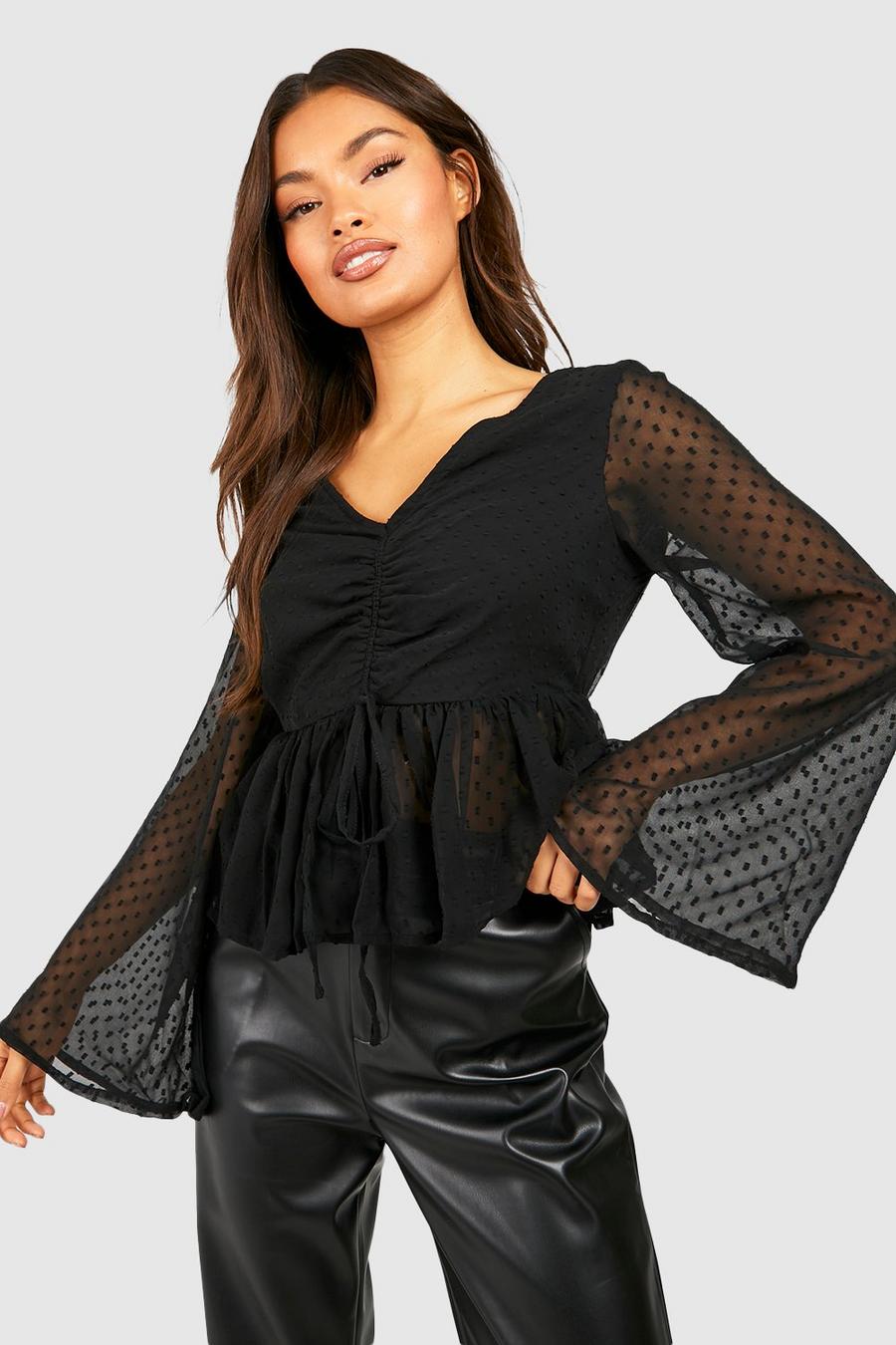 Black Dobby Ruched Smock Top