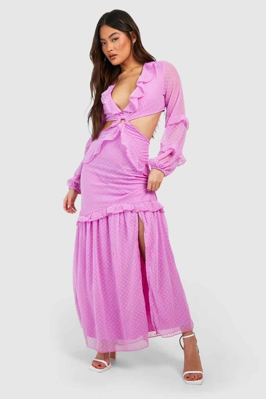 Vestido maxi de dobby con volante y abertura, Bright lilac