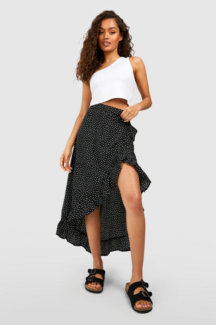 Black Polka Dot Ruffle Wrap Maxi Skirt image number 1