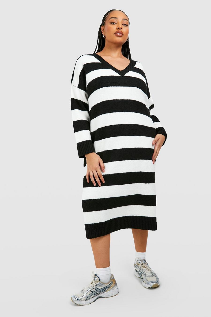 Grande taille - Robe pull rayée à col V, Black