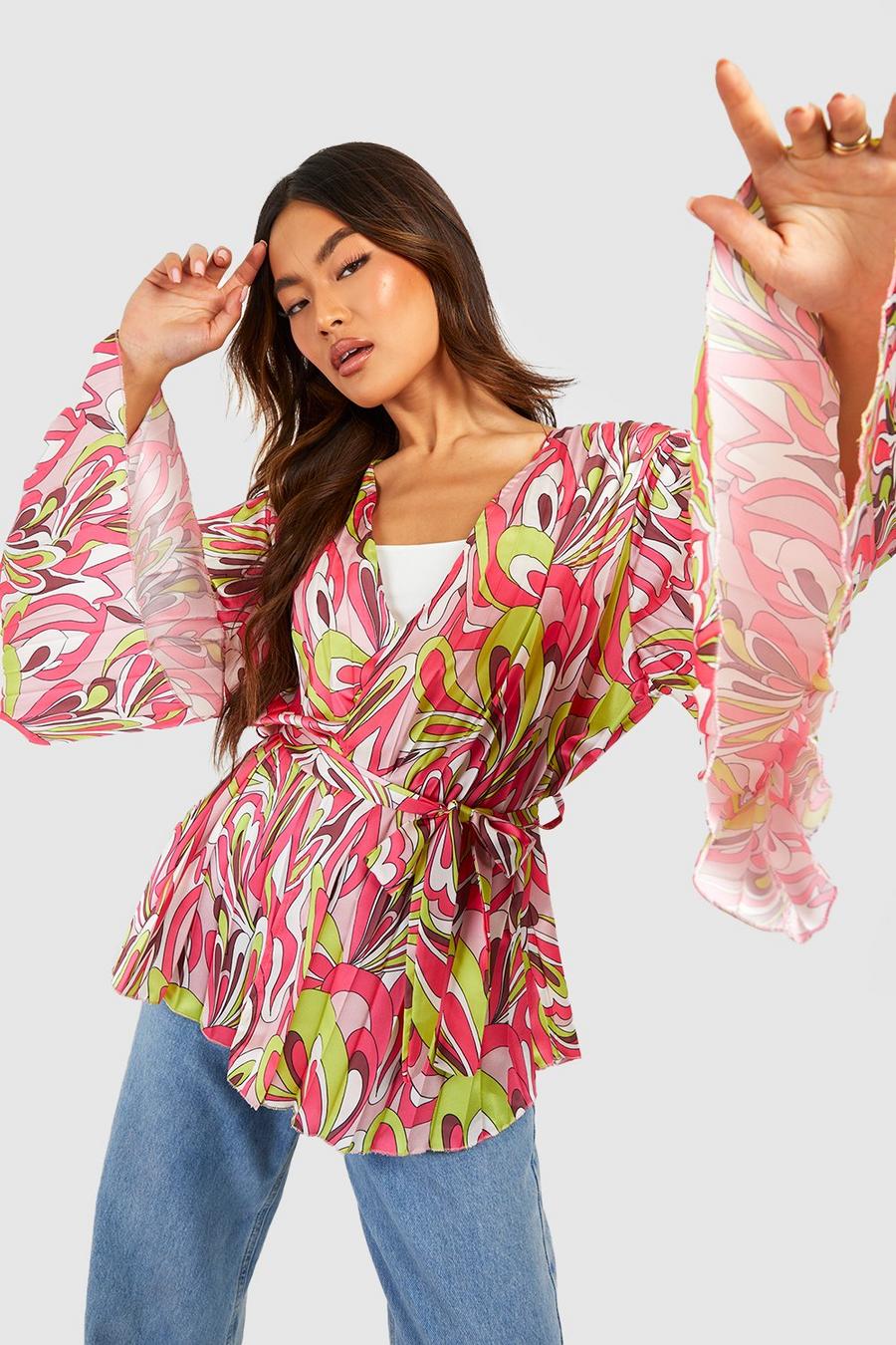 Pink Abstract Print Flare Sleeve Plisse Belted Kimono image number 1