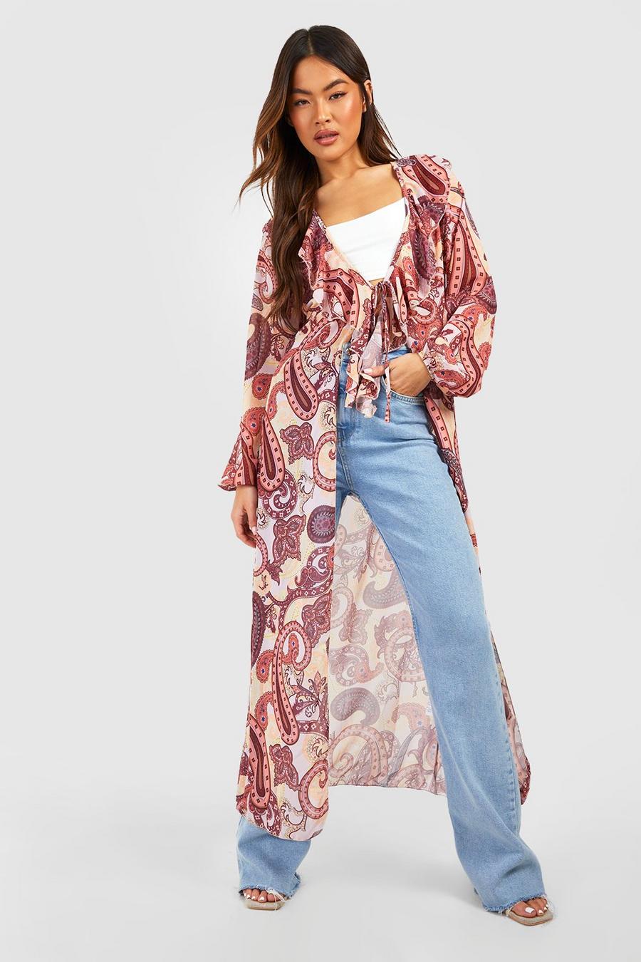 Kimono maxi con stampa in fantasia cachemire e dettagli arricciati, Pink image number 1