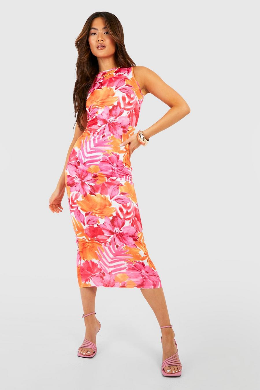 Pink Abstract Floral Racer Neck Midi Dress
