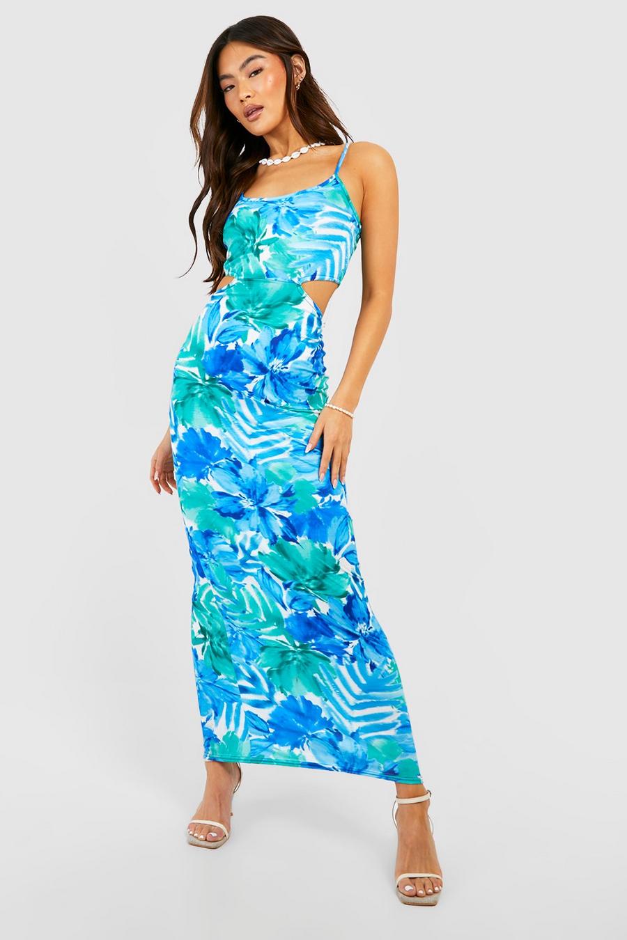 Blue Floral Cut Out Strappy Maxi Dress image number 1