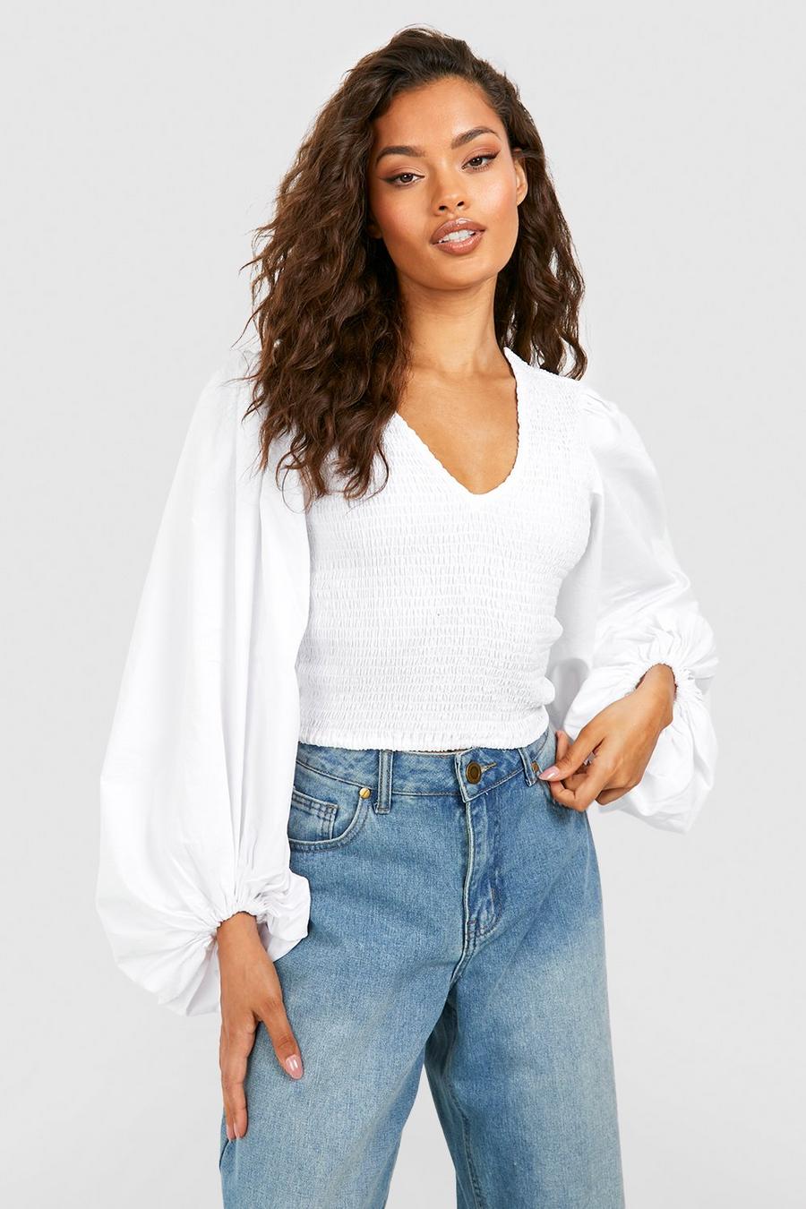White Shirred V Front Puff Sleeve Top