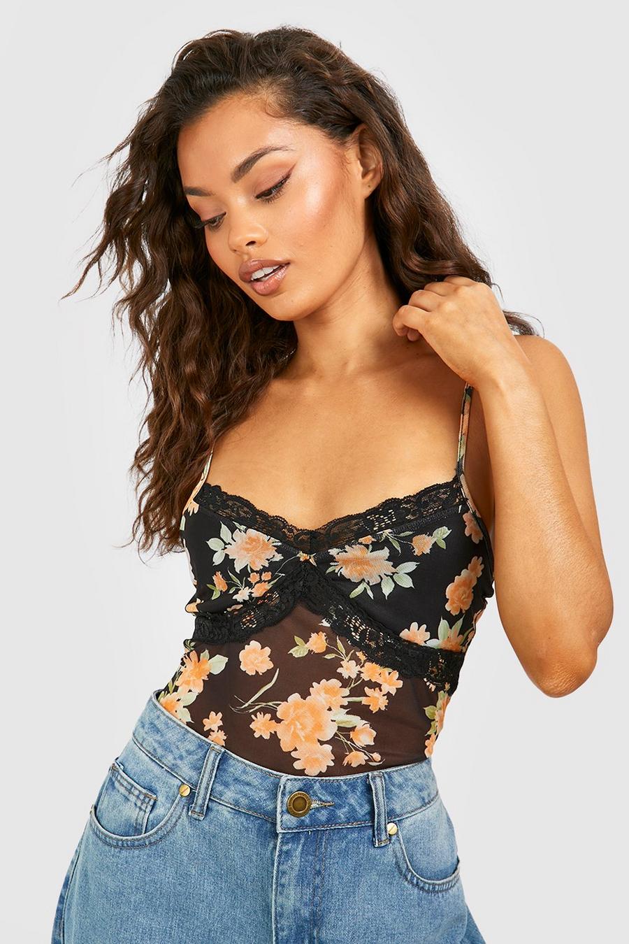 Black Floral Lace Trim Bodysuit