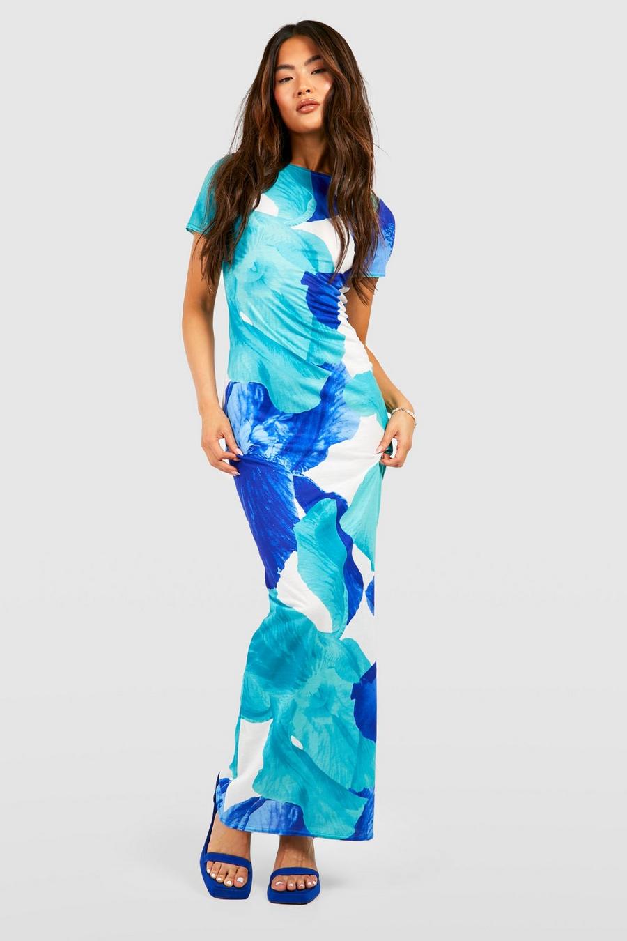 Blue Abstract Short Sleeve Maxi Dress
