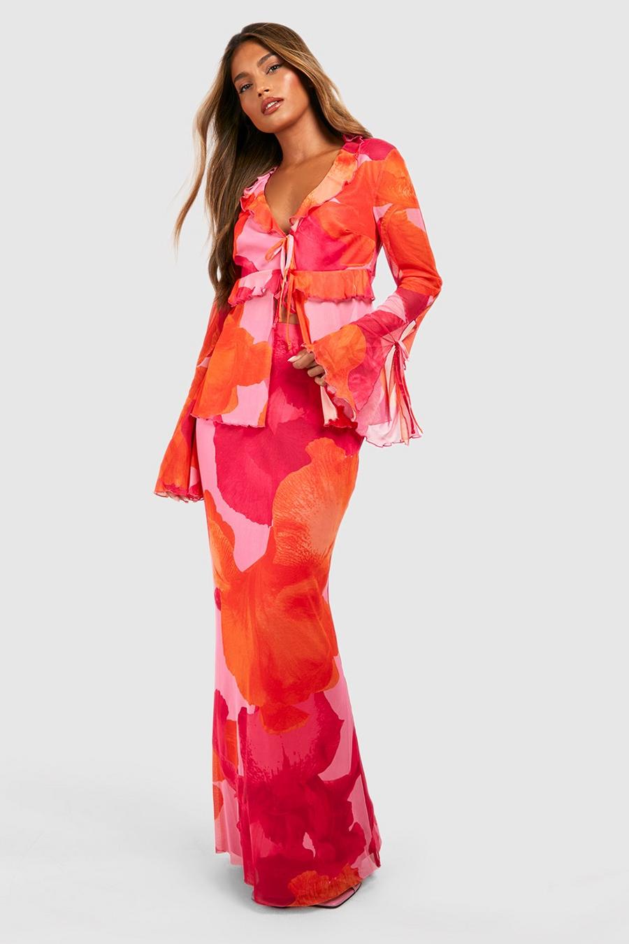 Falda maxi de malla con estampado de flores abstractas, Coral pink