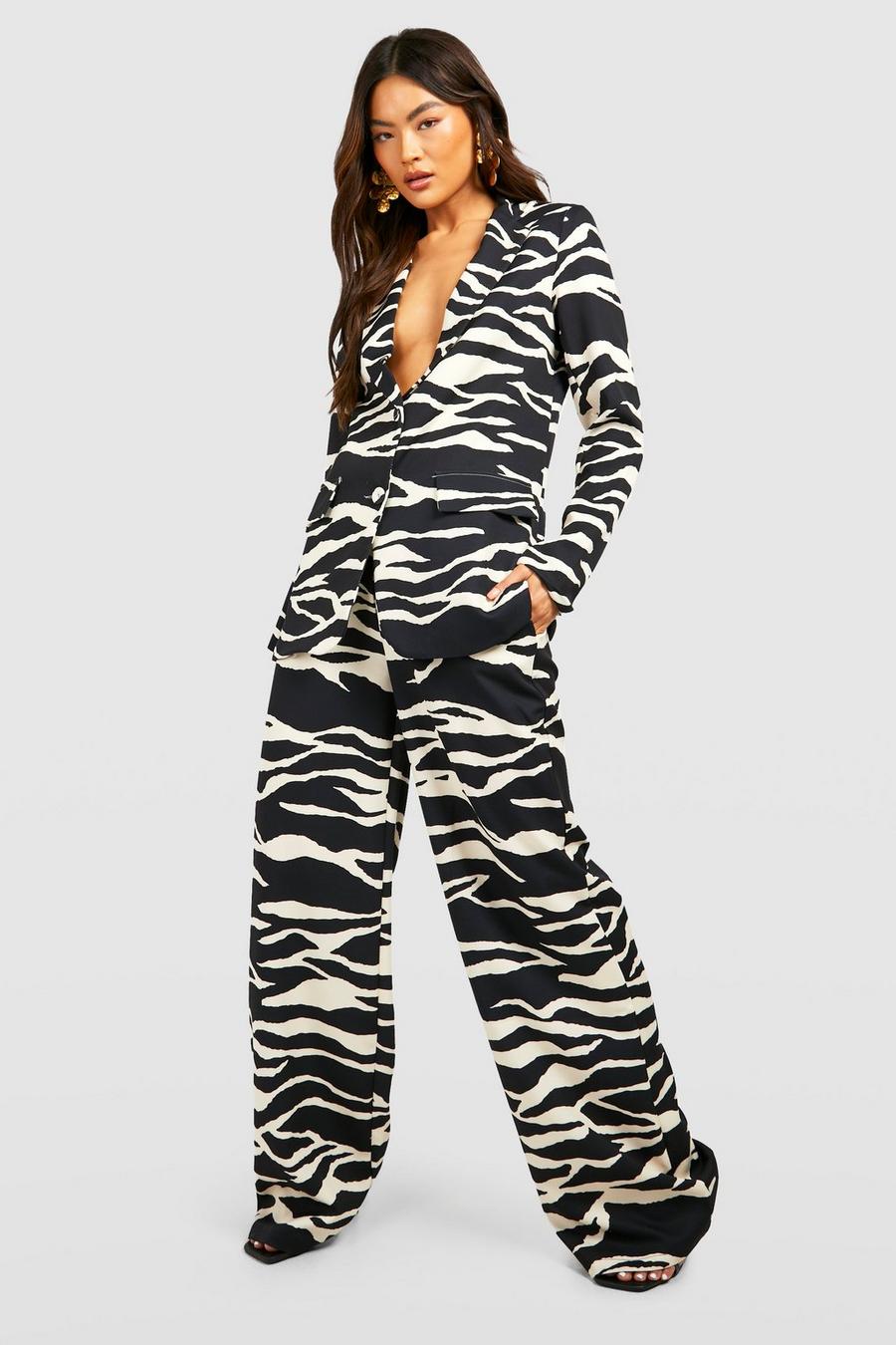 Black Zebra Print Relaxed Fit Wide Leg Pants image number 1