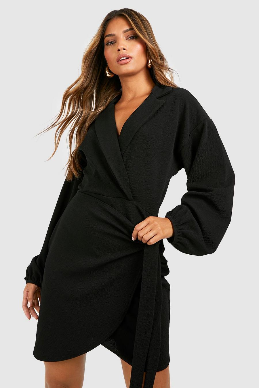 Black Crepe Puff Sleeve Wrap Front Shirt Dress