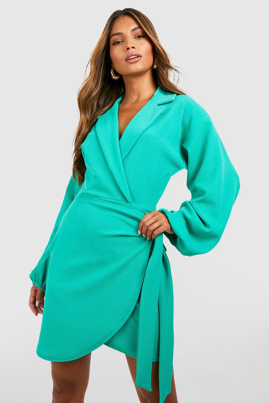 Bright green Crepe Volume Sleeve Wrap Front Shirt Dress image number 1