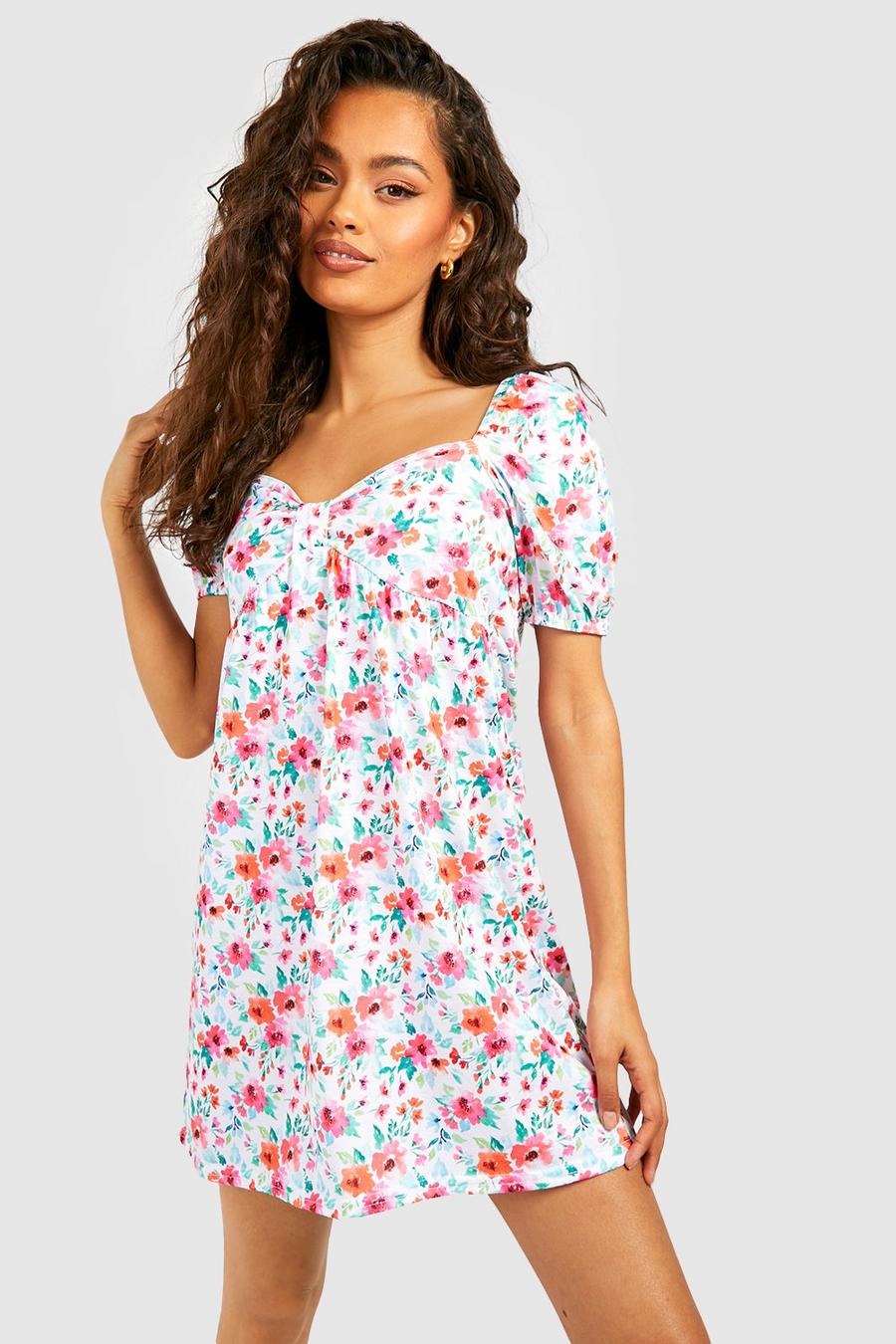 Pink Floral Puff Sleeve Smock Dress